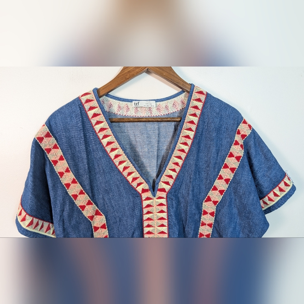 ZARA Denim Jean Embroidered V Neck Mini Dress - Picture 4 of 8